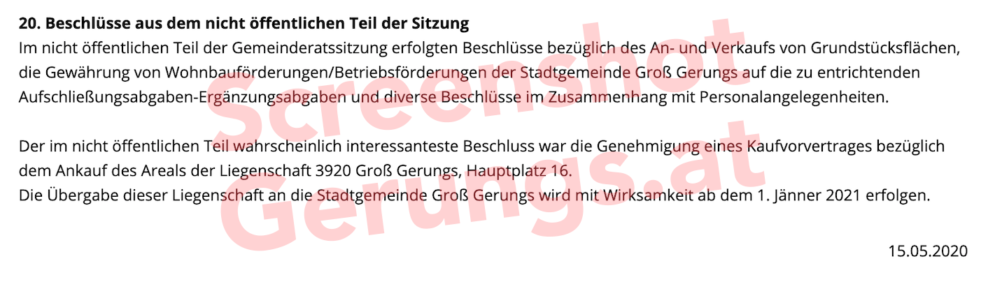 Gemeinde Groß Gerungs plaudert vollmundig aus “geheimem” Sitzungspunkt